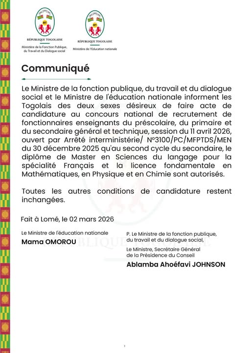 Concours recrutement enseignants Togo 2026